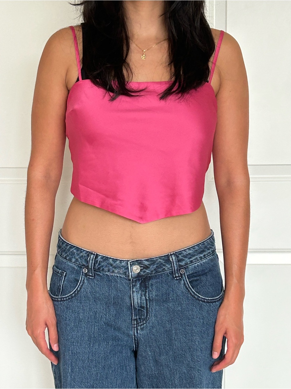 Sunday Best Hot Pink Satin Spaghetti-Strap Crop Tank